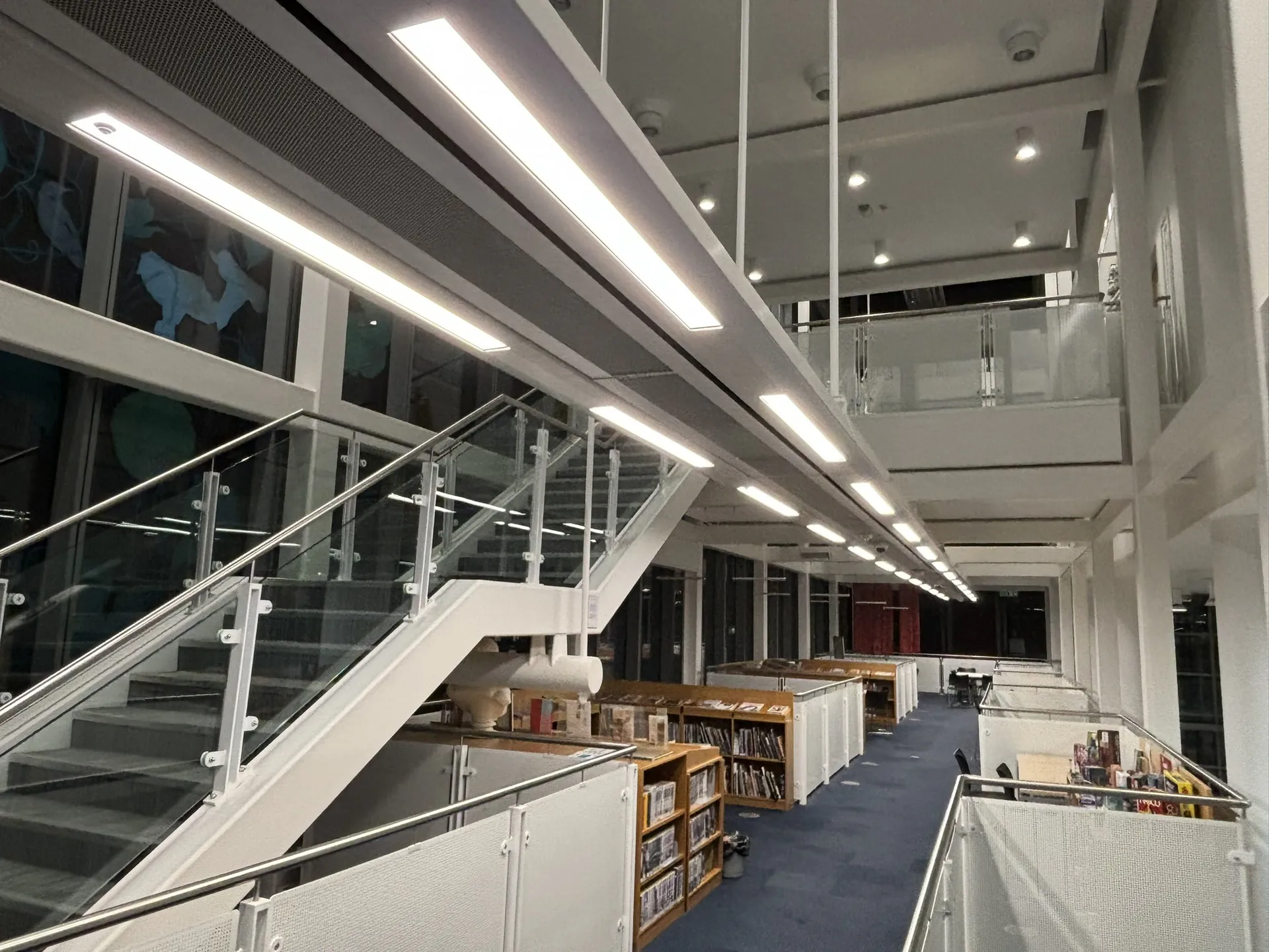Linear LED lighting installed in a modern commercial building interior